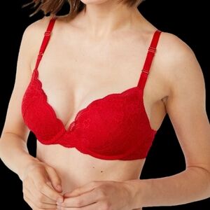 Joyspun Pushup Underwire Red Lace Overlay Lightly Lined Adjustable Straps